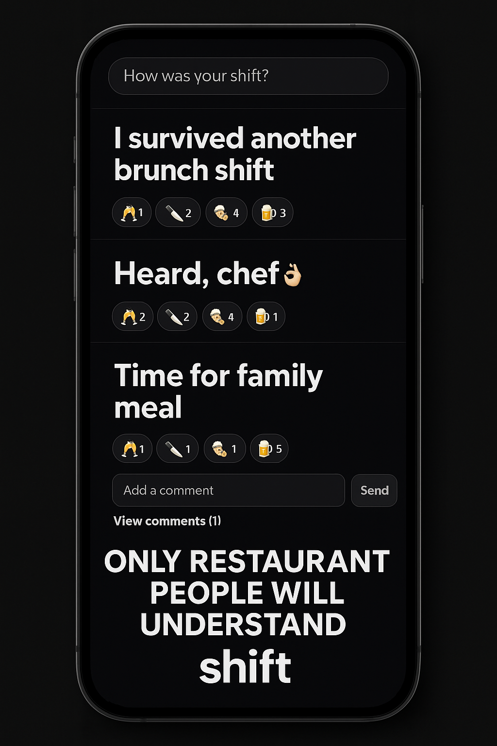 Shift app mockup with posts and reactions